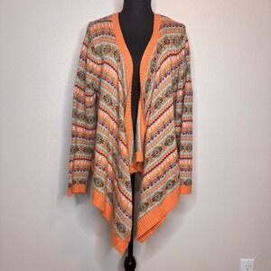 Sundance Folkloric Fair Isle Orange Waterfall Cardigan Sweater Size XL